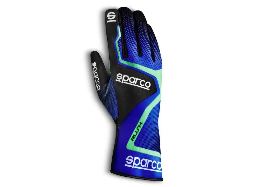 Zlevněný Kartingové rukavice Sparco Rush, barva modro-zelená, velikost 4