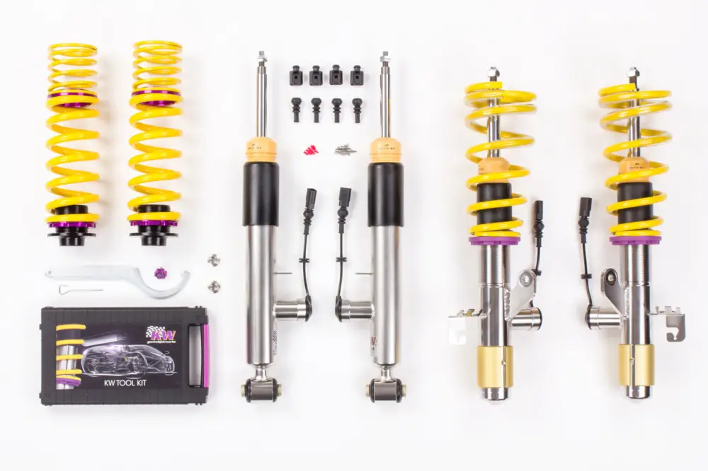 Výškově stavitelný podvozek KW DDC - Plug & Play, DDC - Plug & Play s elektronicky nastavitelnou tuhostí pro Volkswagen Golf VI max zatížení PN 1036 - 1105 kg s uchycením př. tlumiče 55 mm, pro vozy s DCC Expresní Doručení